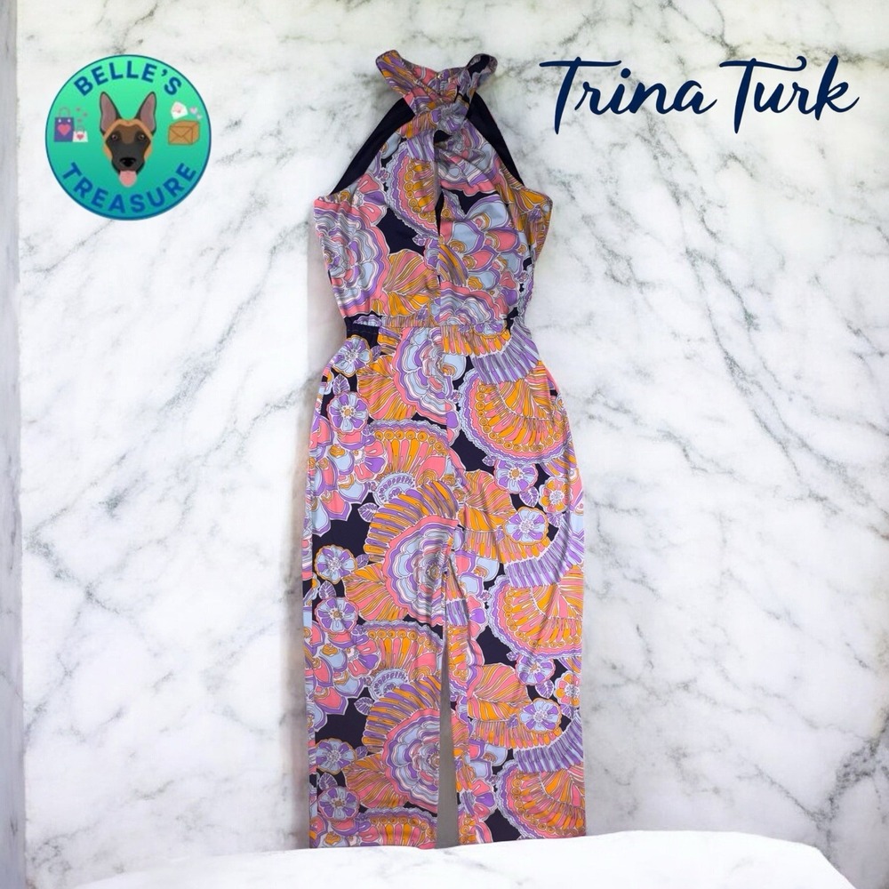 Trina Turk Jumpsuit Womens XS Antilla Halter Tropicalm Pink Stretch Wide Leg‎